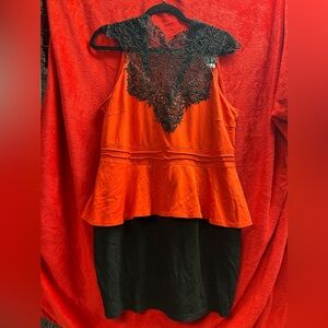 Plus Size Dots Burnt Orange and Black Peplum Dress